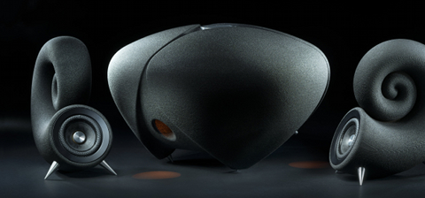 Deeptime Ionic Sound System: A 2.1 loudspeaker system, 3D printed from sand.